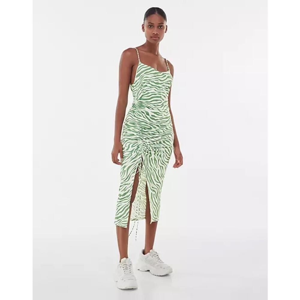 Bershka Zebra Print Drawstring Ruched Midi Dress Size M Medium NWT Green Cream